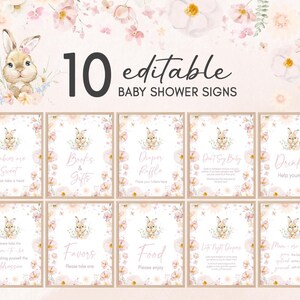 Editable Pink Floral Bunny Baby Shower Table Sign, Girl Somebunny Baby Shower Bundle Sign, It&#39;s a Girl Floral Rabbit Baby Shower Signs 01008