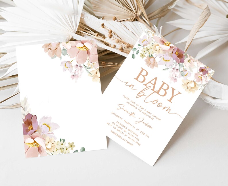 Editable Baby in Bloom Baby Shower Invitation Bundle, Spring Baby Shower Invite Set, Wildflower Baby Shower Invite, Floral Invitation, 0612 image 2