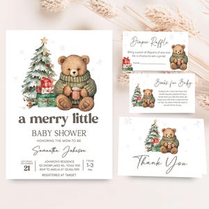 two baby shower cards with a teddy bear holding a present