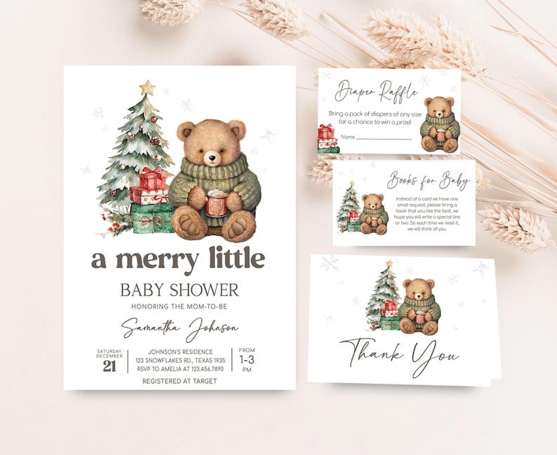two baby shower cards with a teddy bear holding a present