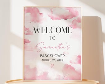 Editable On Cloud 9 Baby Shower Welcome Sign, Pink We're On Cloud Nine Baby Shower Welcome Poster, Baby Girl Cloud Baby Shower Sign, 01103
