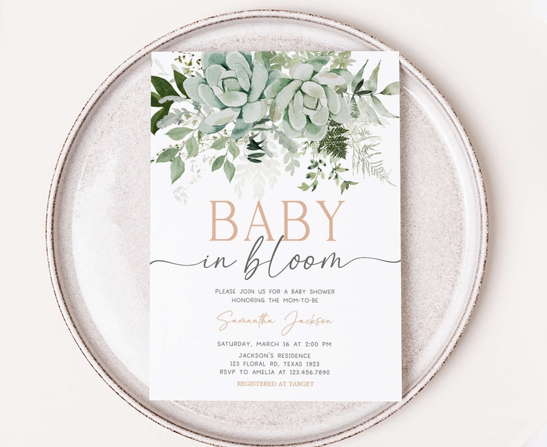 Editable Baby in Bloom Baby Shower Invitation, Succulent Gender Neutral Baby Shower Invite, Succulents Greenery Baby Shower Invitation, 0681 image 1