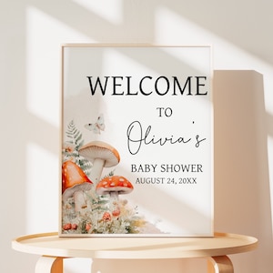 Signo de bienvenida editable del baby shower de setas pequeñas, cartel de bienvenida del baby shower de otoño de setas, letrero de baby shower del bosque encantado 0849