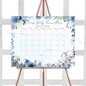 Bearbeitbarer Blauer Elefant-Babypartykalender Junge Babyparty Fälligkeitsdatum Spiel Blauer Elefant-Geburtstagsvorhersagen Druckbare Vorlage 0226