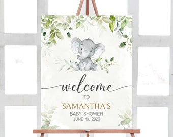 Editable Elephant Baby Shower Welcome Sign, Greenery Gold Elephant Baby Shower Welcome Poster, Gender Neutral Elephant Sign Template 0340