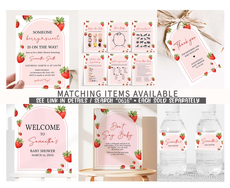Puede incluir: Un conjunto de decoraciones imprimibles para baby shower con tem&aacute;tica de fresa. El conjunto incluye un cartel de bienvenida, un juego de "no digas beb&eacute;", una etiqueta de agradecimiento y etiquetas para botellas de agua. Las decoraciones son rosas y blancas con fresas rojas.