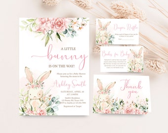 Editable Girl Bunny Rabbit Baby Shower Invitation Bundle, Pink Floral Baby Shower Invite Set, A Little Bunny Girl Baby Shower Invite, 0715