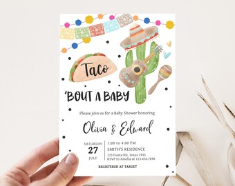 May include: A colorful baby shower invitation with a taco, a cactus with a sombrero and a guitar, and a maraca. The text reads 'Bout a Baby, Please join us for a Baby Shower honoring Olivia & Edward, Saturday, July 27, 1:00 to 4:00 PM, Smith's Residence, 123 Fiesta RD, Texas 1935, RSVP to Amelia at 123.456.7890, Registered at Target.