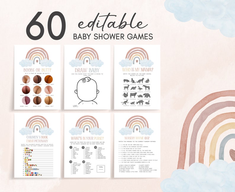 Editable Rainbow Baby Shower Games Bundle, Boho Baby Shower Game Pack ...