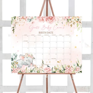 Bearbeitbarer rosa Elefant-Babyparty-Fälligkeitsdatumskalender, rosa Elefant-Babypartykalender mit Blumen, rosa Blumen-Mädchen-Geburtstagsvorhersagen 0635 Bild 1