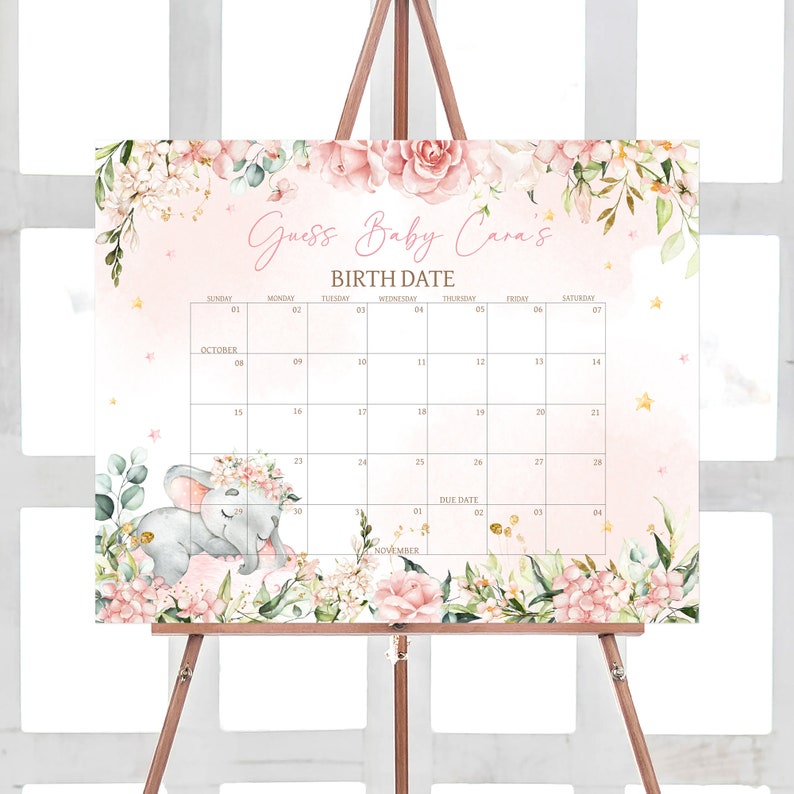 Bearbeitbarer rosa Elefant-Babyparty-Fälligkeitsdatumskalender, rosa Elefant-Babypartykalender mit Blumen, rosa Blumen-Mädchen-Geburtstagsvorhersagen 0635 Bild 1