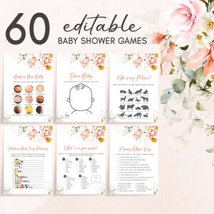 Bearbeitbar Oh Baby Frühling Babyparty Spiele Bundle, Frühlingsblumen Babyparty Spiel Pack, Rosa Blumenmädchen Babyparty Spielvorlage, 0628 Bild 1