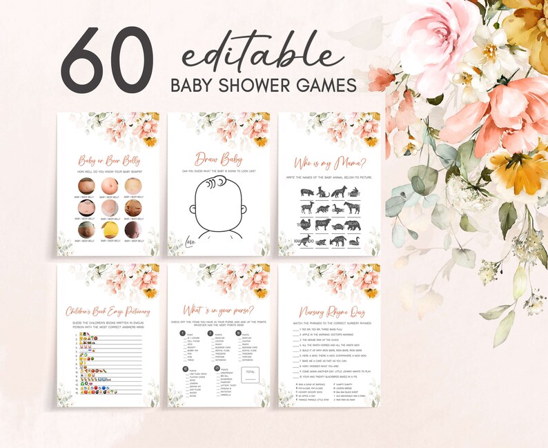 Bearbeitbar Oh Baby Frühling Babyparty Spiele Bundle, Frühlingsblumen Babyparty Spiel Pack, Rosa Blumenmädchen Babyparty Spielvorlage, 0628 Bild 1