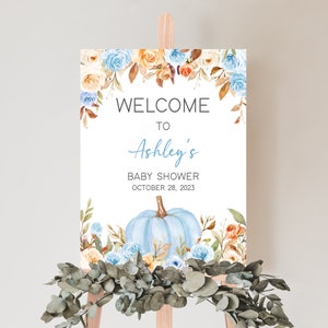 Editable Blue Floral Pumpkin Baby Shower Welcome Sign, Boy Fall Baby Shower Welcome Poster, Autumn A Little Pumpkin Baby Shower Sign 0472