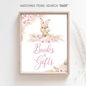 Kaninchen-Babyparty-Bücher und Geschenke Zeichen, rosa Boho Kaninchen-Babyparty-Geschenk-Zeichen, Pampas Grass Mädchen-Häschen-Babyparty-Tischschilder, 0609