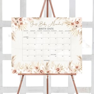 Bearbeitbarer Pampas Grass Babyparty Fälligkeitsdatumskalender, Boho Babypartykalender, Boho Tropical Desert Geburtstagsvorhersagen Vorlage 0280
