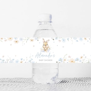 Editable Blue Floral Bunny Baby Shower Bottle Label, Easter Rabbit Wildflower Baby Shower Water Label, Boy Some Bunny Bottle Stickers, 01023