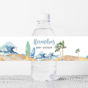 Bewerkbaar baby-on-board-flesetiket babyshower, surfplank strand babyshower waterlabels, surfen zomerjongen waterflesstickers, 0677 afbeelding 1