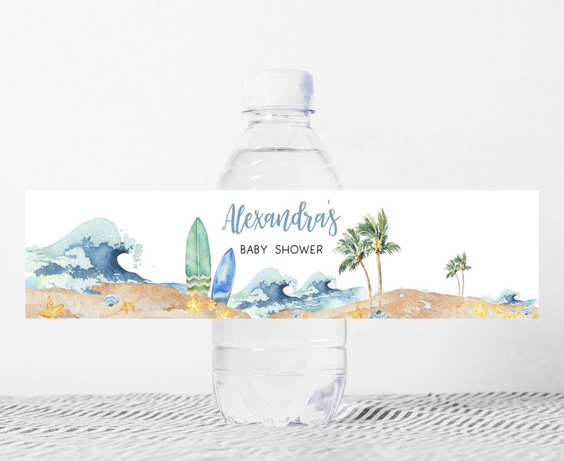 Bewerkbaar baby-on-board-flesetiket babyshower, surfplank strand babyshower waterlabels, surfen zomerjongen waterflesstickers, 0677 afbeelding 1