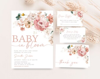 Paquete editable de invitación de baby shower de bebé en flor, conjunto de invitación de baby shower floral de primavera, invitación de baby shower de primavera de flores silvestres, 0614