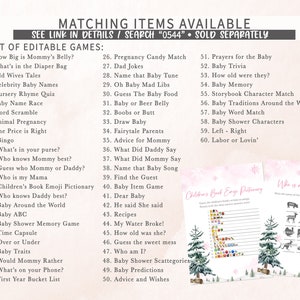 Puede incluir: Un conjunto de juegos para baby shower con una lista de juegos editables, incluyendo "How Big is Mommy's Belly?" y "Baby Trivia". El conjunto incluye hojas de juego imprimibles con ilustraciones de invierno de &aacute;rboles y copos de nieve. El texto dice "Matching Items Available."