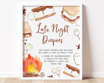 Late Night Diapers Sign Smore Baby Shower, Bonfire Camping Baby Shower Diaper Thoughts Sign, Campfire Gender Neutral S'mores Signs, 0767