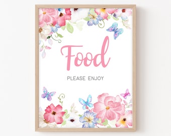 Signo de comida de baby shower de mariposa, signo de mesa de comida de ducha de mariposa floral de primavera, plantilla imprimible de bebé de mariposa púrpura rosa en flor 0229