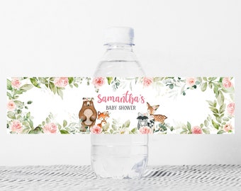 Editable Floral Woodland Baby Shower Bottle Labels, Woodland Animals Baby Shower Water Labels, Girl Woodland Forest Animals Template 0398