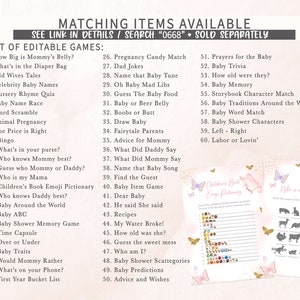 Puede incluir: Un conjunto de juegos de baby shower imprimibles con un esquema de color rosa y dorado y detalles de mariposas. Los juegos incluyen "How Big is Mommy's Belly?", "What's in the Diaper Bag", "Old Wives Tales", "Celebrity Baby Names", "Nursery Rhyme Quiz", "Baby Name Race", "Word Scramble", "Animal Pregnancy", "The Price is Right", "Bingo", "What's in your purse?", "Who knows Mommy best?", "Guess who Mommy or Daddy?", "Who is my Mama", "Children's Book Emoji Pictionary", "Who knows Daddy best?", "Baby Around the World", "Baby ABC", "Baby Shower Memory Game", "Time Capsule", "Over or Under", "Baby Traits", "Would Mommy Rather", "What's on your Phone?", "First Year Bucket List", "Pregnancy Candy Match", "Dad Jokes", "Name that Baby Tune", "Oh Baby Mad Libs", "Guess The Baby Food", "Baby or Beer Belly", "Boobs or Butt", "Draw Baby", "Fairytale Parents", "Advice for Mommy", "What Did Daddy Say", "What Did Mommy Say", "Name that Baby Song", "Find the Guest", "Baby Item Game", "Dear Baby", "He said She said", "Recipes", "My Water Broke!", "How old was she?", "Guess the sweet mess", "Who am I?", "Baby Shower Scattegories", "Baby Predictions", "Advice and Wishes", "Prayers for the Baby", "Baby Trivia", "How old were they?", "Baby Memory", "Storybook Character Match", "Baby Traditions Around the World", "Baby Word Match", "Baby Shower Characters", "Left - Right", "Labor or Lovin'".