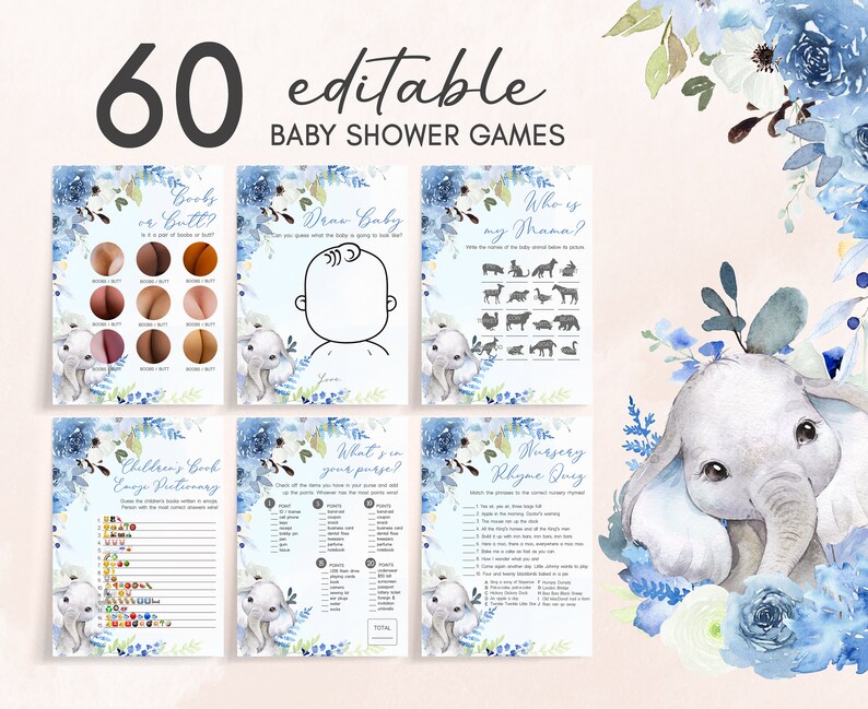 Bundle modifiable de jeux baby shower éléphant bleu, pack de jeux baby shower garçon, jeu éléphant floral bleu jeux bébé garçon modèle 0226 image 1