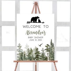 Bearbeitbares Holzfäller-Babyparty-Willkommensschild, Wald-Babyparty-Willkommensplakat, Oh Boy Forest Rustikaler Bär-Babyparty-Willkommensschild 0377