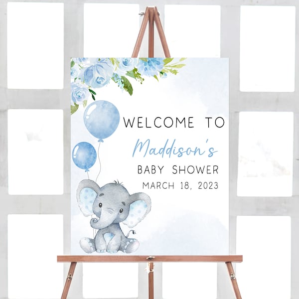 Editable Elephant Baby Shower Welcome Sign, Blue Balloon Baby Shower Welcome Poster, Baby Boy Elephant Safari Sign Printable Template 0231