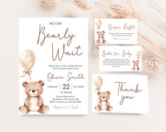 Editable Minimalist Teddy Bear Baby Shower Invitation Bundle, We Can Bearly Wait Baby Shower Invite Set, Neutral Bear Balloon Invite, 01037