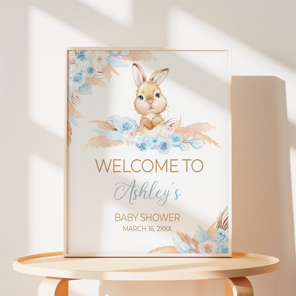 Editable Boy Rabbit Baby Shower Welcome Sign, Blue Boho Rabbit Baby Shower Welcome Poster, Pampas Grass Boy Bunny Baby Shower Sign, 0611
