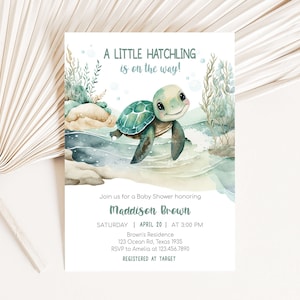 Editable Sea Turtle Baby Shower Invitation Bundle, Under The Sea Baby Shower Invite Set, A Little Hatchling Ocean Boy Baby Shower, 0712 image 3