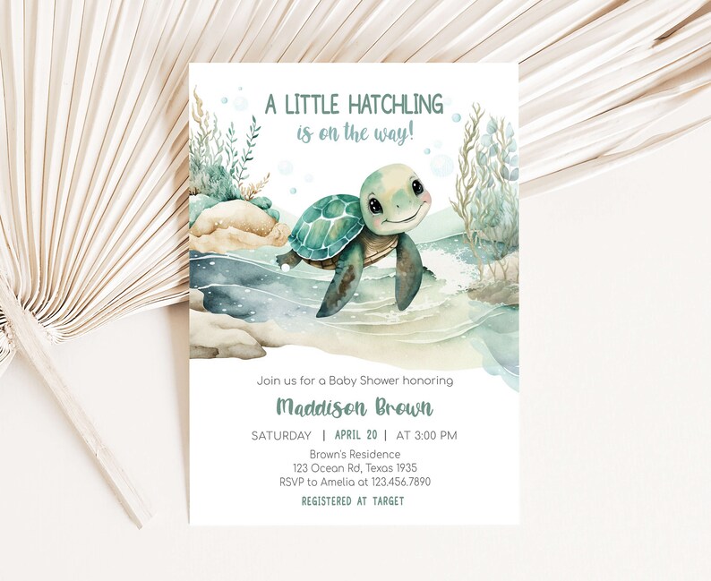 Editable Sea Turtle Baby Shower Invitation Bundle, Under The Sea Baby Shower Invite Set, A Little Hatchling Ocean Boy Baby Shower, 0712 image 3