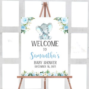 Elephant Welcome Sign Boy Baby Shower Sign, Blue Floral Baby Shower Little Peanut Welcome Poster, Printable Sign Decorations Template 0159