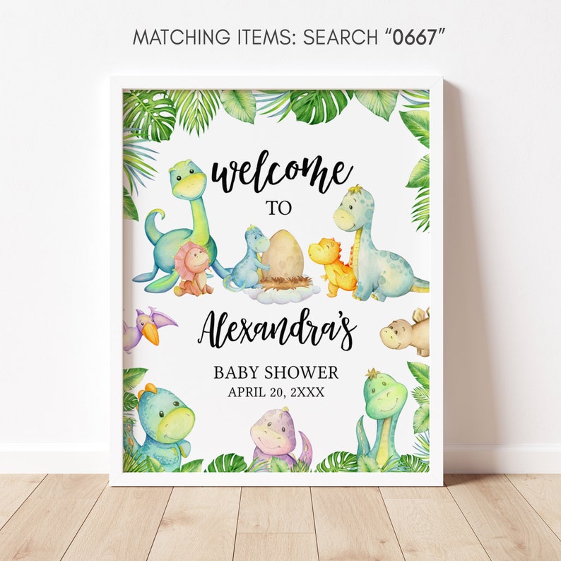 Bearbeitbares Dinosaurier-Babyparty-Willkommensschild, Dino-Babyparty-Willkommensplakat, Geschlechtsneutrale Dinosaurier-Babyparty, Grüner Dinosaurier, 0667 Bild 3