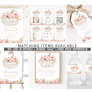 May include: A collection of baby shower decorations featuring a pumpkin and floral design. Items include invitations, games, a welcome sign, gift tags, and water bottle labels. The color scheme is soft pink, white, and gold.