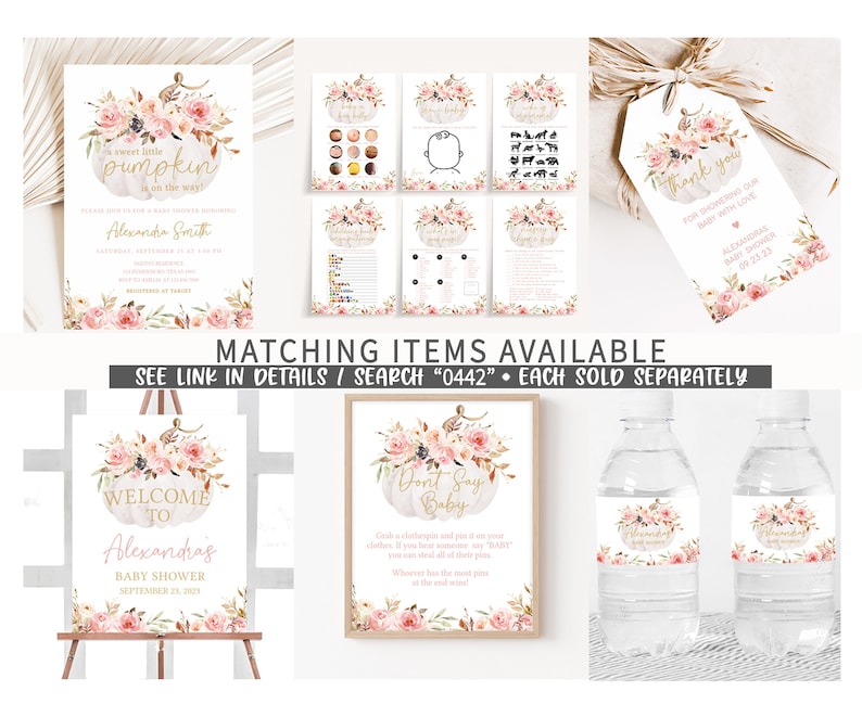 May include: A collection of baby shower decorations featuring a pumpkin and floral design. Items include invitations, games, a welcome sign, gift tags, and water bottle labels. The color scheme is soft pink, white, and gold.
