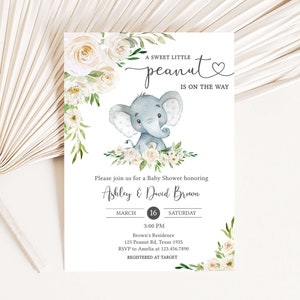 Editable Gender Neutral Elephant Baby Shower Invitation, Floral Elephant Baby Shower Invite, Elephant Greenery Baby Shower Invitation, 0620 image 1
