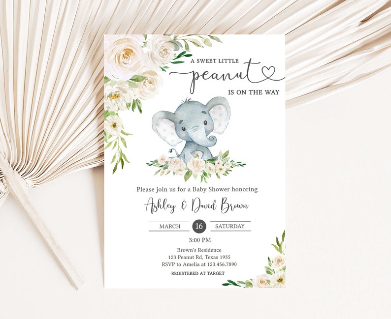 Editable Gender Neutral Elephant Baby Shower Invitation, Floral Elephant Baby Shower Invite, Elephant Greenery Baby Shower Invitation, 0620 image 1