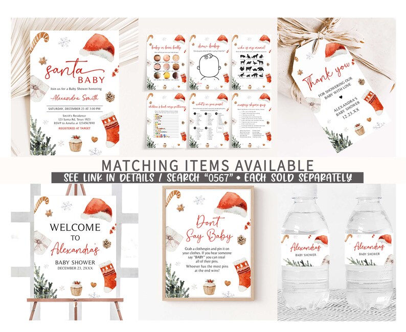Op de afbeelding: Een verzameling kerst-thema baby shower decoraties. Inclusief uitnodigingen, spelkaarten, cadeaulabels, een welkomstbord en waterfleslabels. Ontwerpen met kerstmutsen, kousen, sneeuwvlokken en de tekst "Santa Baby".
