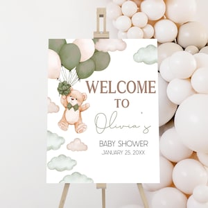 Bearbeitbar Wir können Bären-Babyparty-Willkommensschild warten, grünes Boho-Bär-Ballon-Babyparty-Willkommensplakat, Neutrale Bär-Babyparty, 01030
