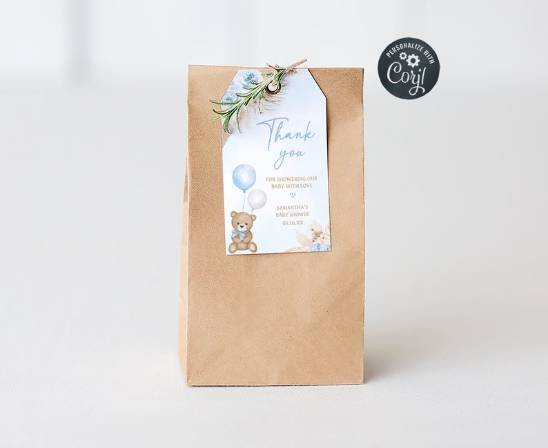 Editable Blue Pampas Grass Boy Boho Bear Baby Shower Favor Tags, We Can Bearly Wait Baby Shower Gifts Tag, Brown Bear Thank You Tags, 0622 image 1