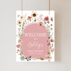 Bearbeitbares Baby in Bloom Babyparty Willkommensschild, Wildblumen-Babyparty-Willkommensplakat, gedämpftes Rosa Boho Frühlingsblumen Babypartyschild 0650
