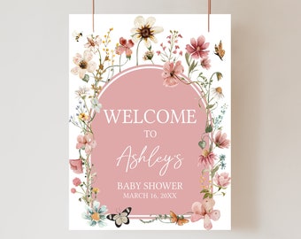 Editable Baby in Bloom Baby Shower Welcome Sign, Wildflower Baby Shower Welcome Poster, Muted Pink Boho Spring Flowers Baby Shower Sign 0650