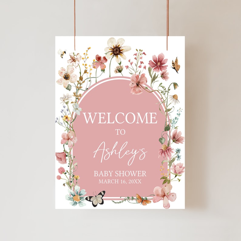 Editable Baby in Bloom Baby Shower Welcome Sign, Wildflower Baby Shower Welcome Poster, Muted Pink Boho Spring Flowers Baby Shower Sign 0650 image 1
