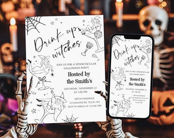 Editable Drink Up Witches Halloween Party Invitation, Halloween Girls Night Out Invite, Halloween Costume Adult Party Witch Invite, 125SE