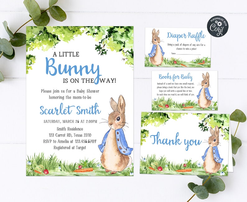 May include: A baby shower invitation with a watercolor illustration of a bunny rabbit wearing a blue jacket. The invitation says "A Little Bunny is on the Way!" and includes the name "Scarlet Smith", the date and time of the shower, and the address. There are also cards for a diaper raffle and a book request.